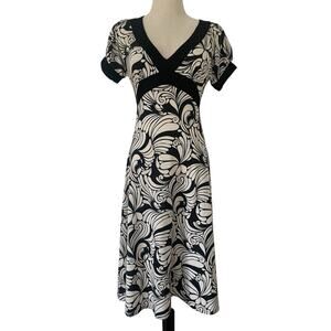 Y2K Dunnes Dress Babydoll Black And Ivory Geometric Pattern Empire Waist Sz 6